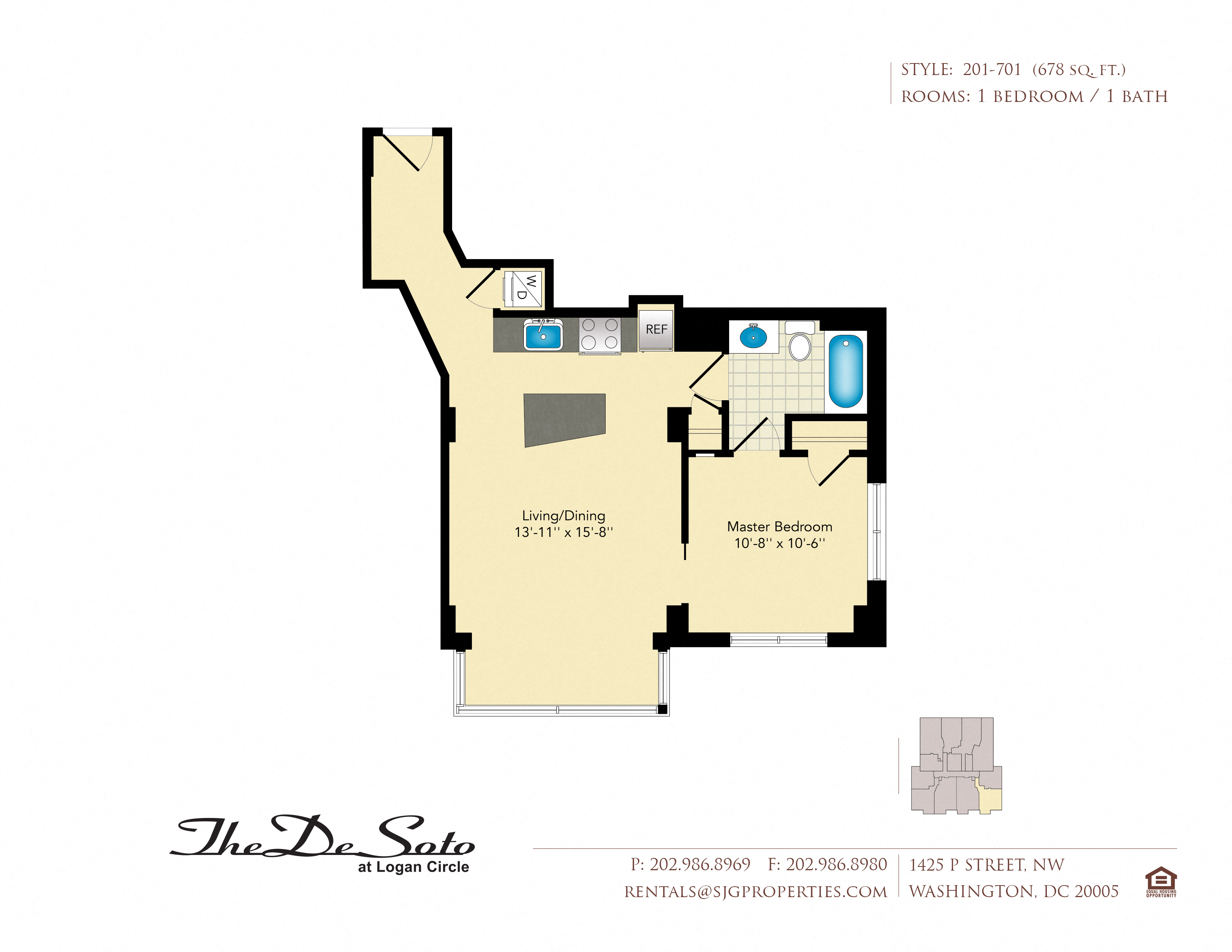 Floor plan for 1 bed, 1 bath, 678 sqft